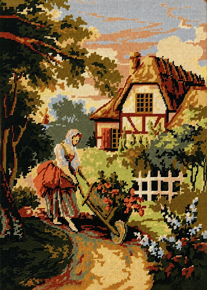 Vintage Needlepoint Cottage Garden Scene