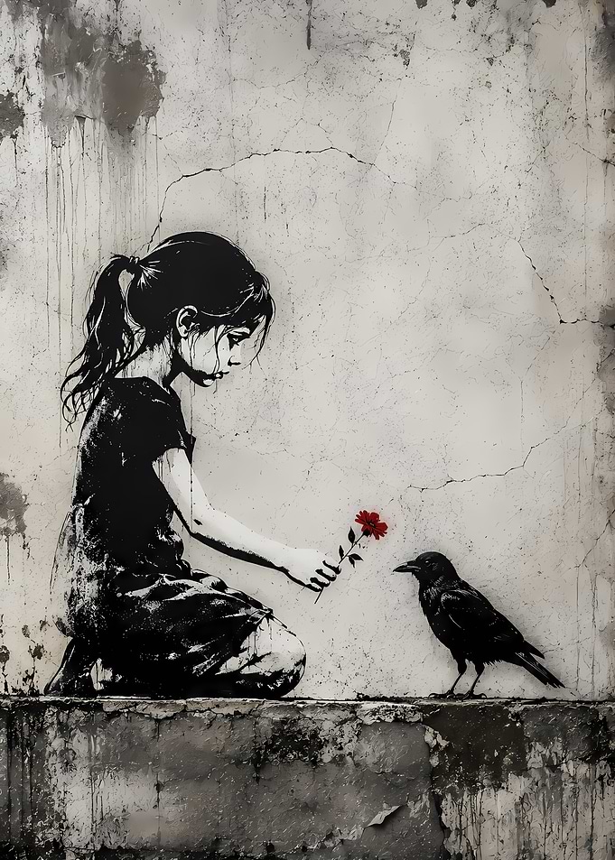 Girl Offering Flower to Crow Graffiti