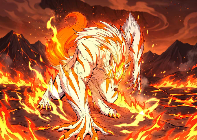 Fiery Wolf Beast in Volcanic Landscape