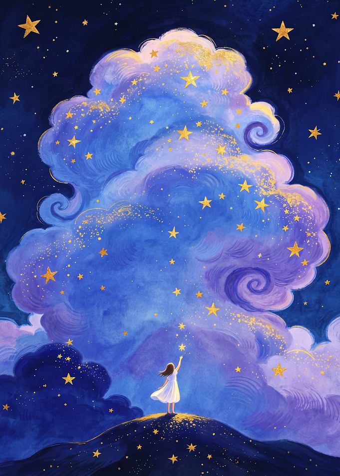 Girl Reaching for Magical Starry Clouds