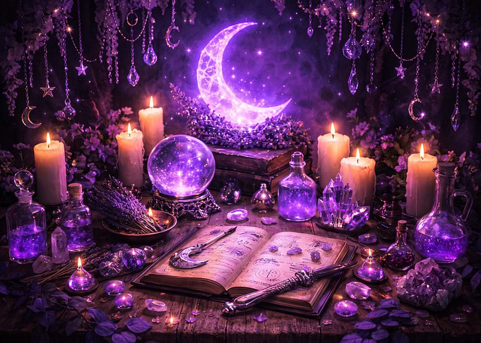 Magical Witchcraft Altar with Glowing Moon