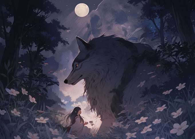 Girl and Giant Wolf in Moonlight