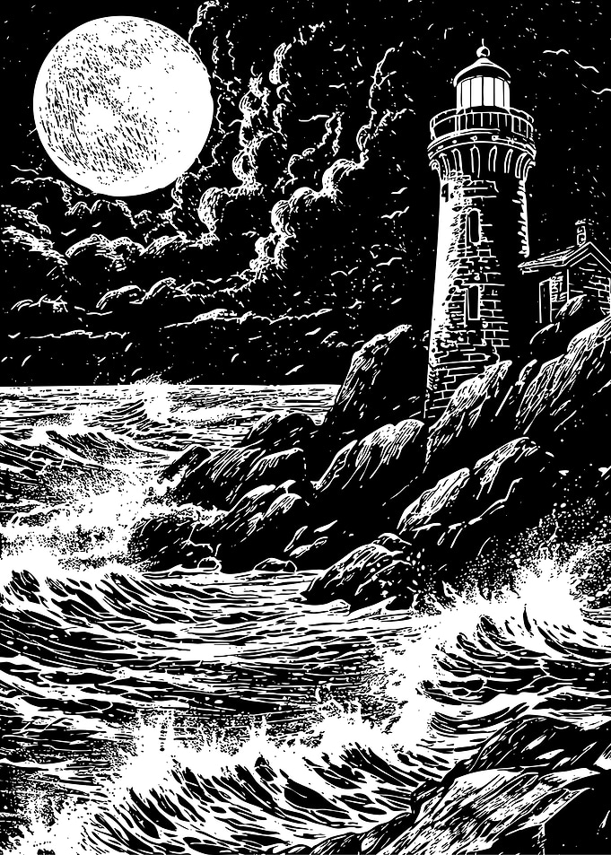 Black and White Lighthouse Night Scene
