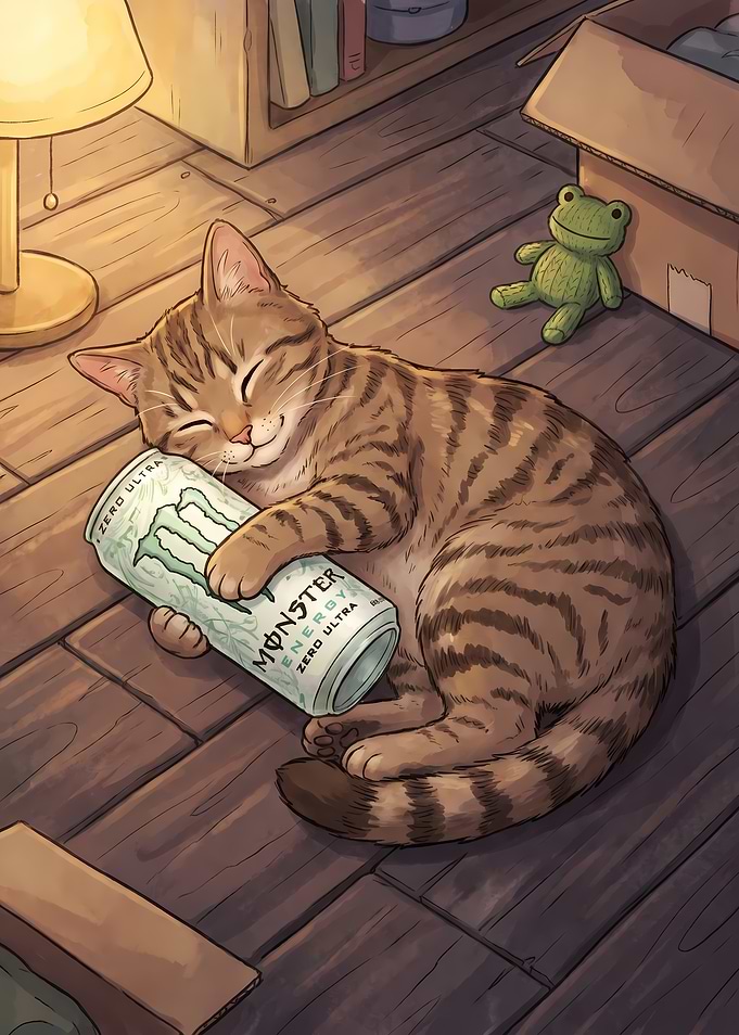 Tabby Cat Sleeping with Monster Energy