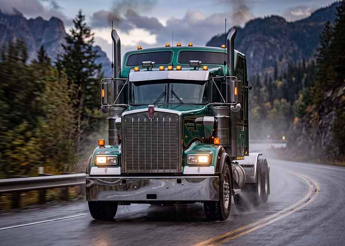 Green Kenworth Semi Truck on Highway