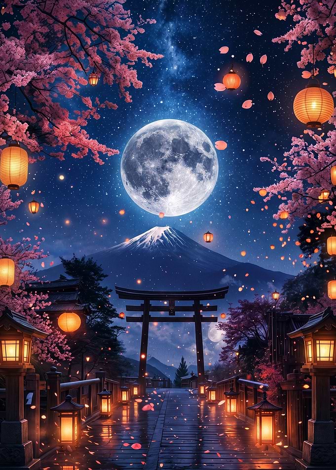 Mount Fuji Under Moonlight and Sakura