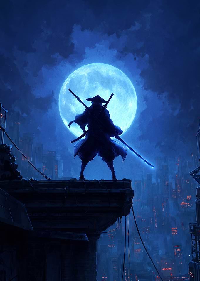 Cyberpunk Samurai Under Blue Moon