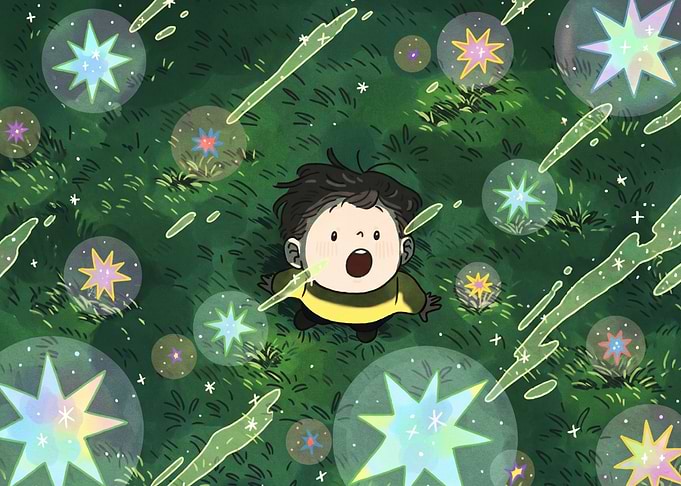 Child Gazing at Magical Floating Stars