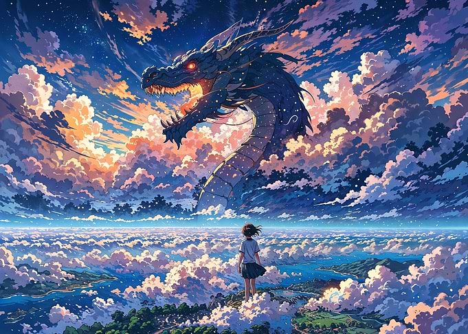 Girl Encountering Celestial Dragon Above Clouds