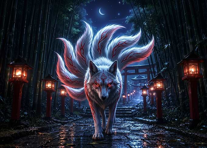 Nine-Tailed Fox in Bamboo Forest