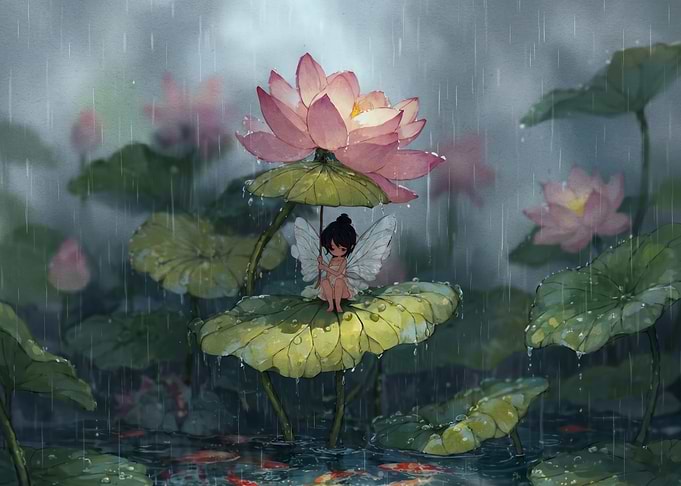 Fairy Sheltering Under a Lotus Flower