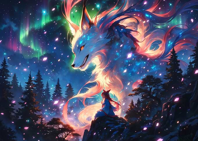 Mystical Fox Spirit and Shrine Maiden
