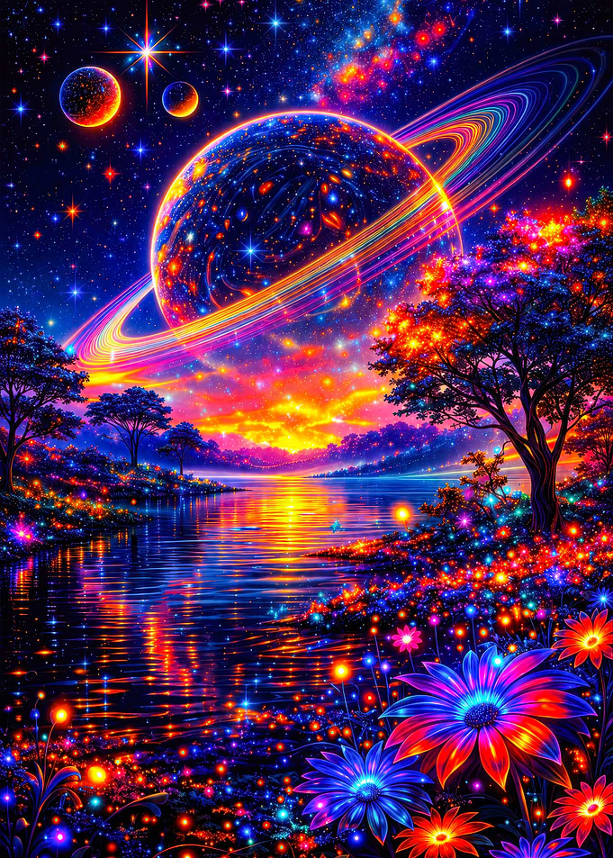 Neon Cosmic Landscape with Glowing Flowers