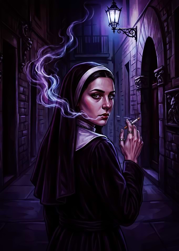 Smoking Nun in Dark Alleyway