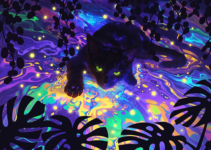 Black Cat in Neon Water