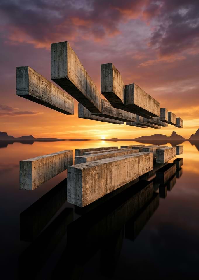 Floating Concrete Beams at Sunset