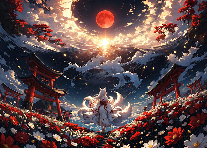 Kitsune Standing Under Red Moon
