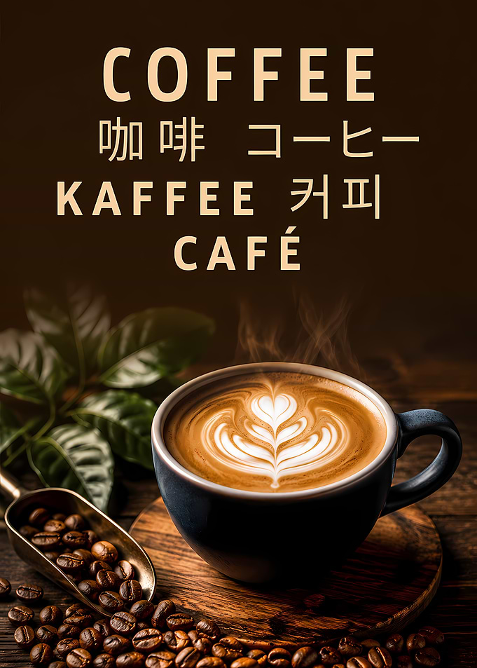 Multilingual Coffee Poster with Latte Art