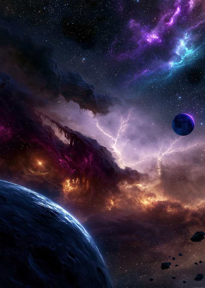 Cosmic Nebula with Planets and Lightning