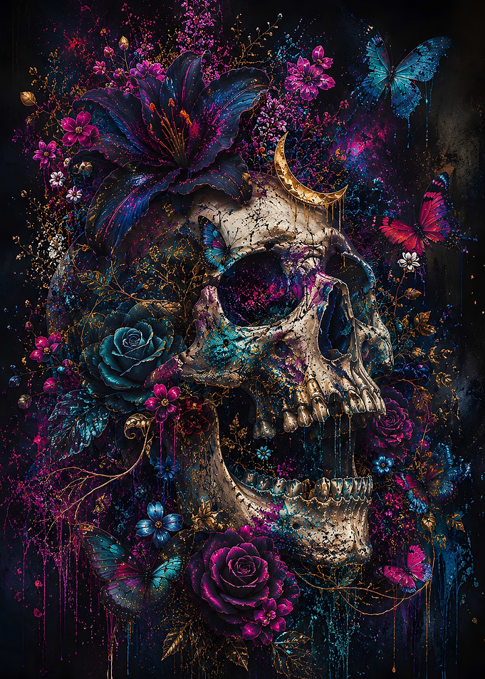 Midnight Bloom Skull – Dark Floral Gothic Butterfly Fantasy Art