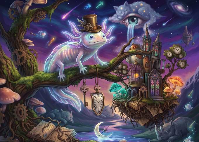 Whimsical Axolotl in Surreal Fantasy World