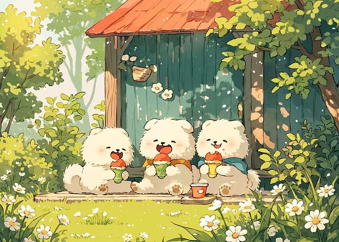 Three Cute Puppies Eating Ice Cream