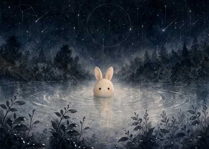 Cute Bunny Swimming Under Starry Sky