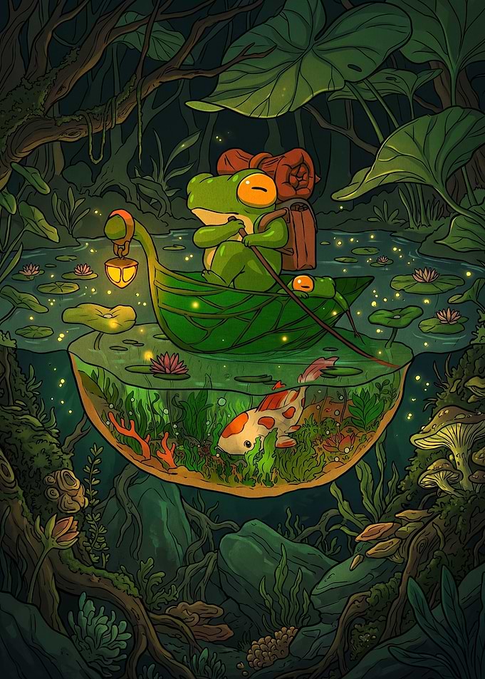 Frog Adventurer in Leaf Boat