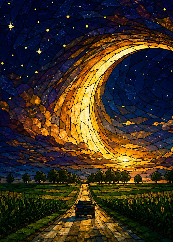 Stained Glass Country Road at Sunset