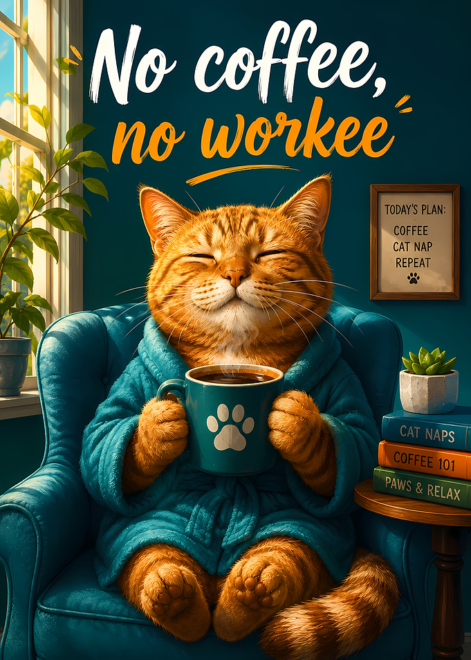 Funny Ginger Cat Drinking Coffee