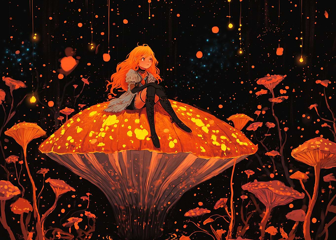 Girl Sitting on Glowing Mushroom