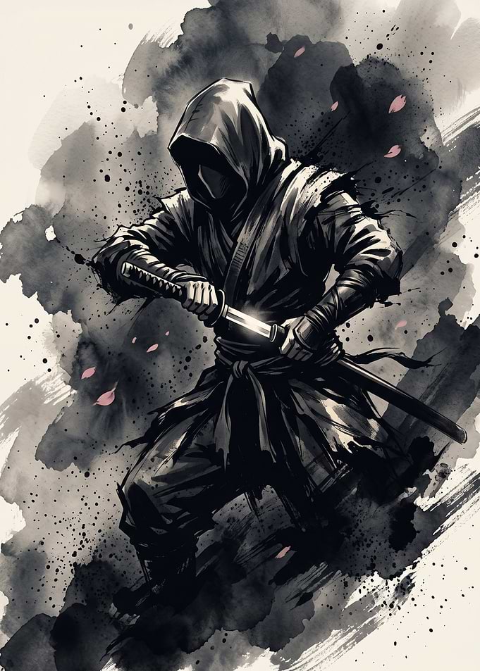 Watercolor Ninja Drawing a Katana