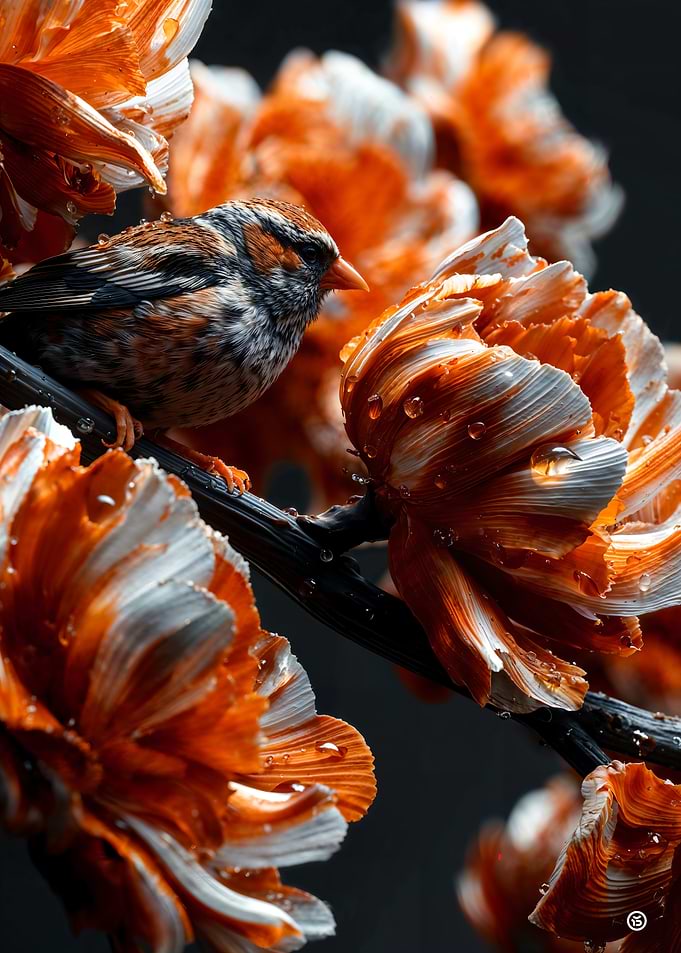 Small Bird Perched on Orange Flowers
