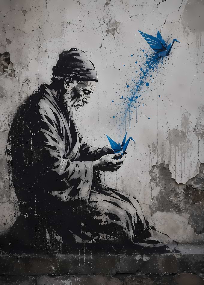 Street Art of Monk with Origami