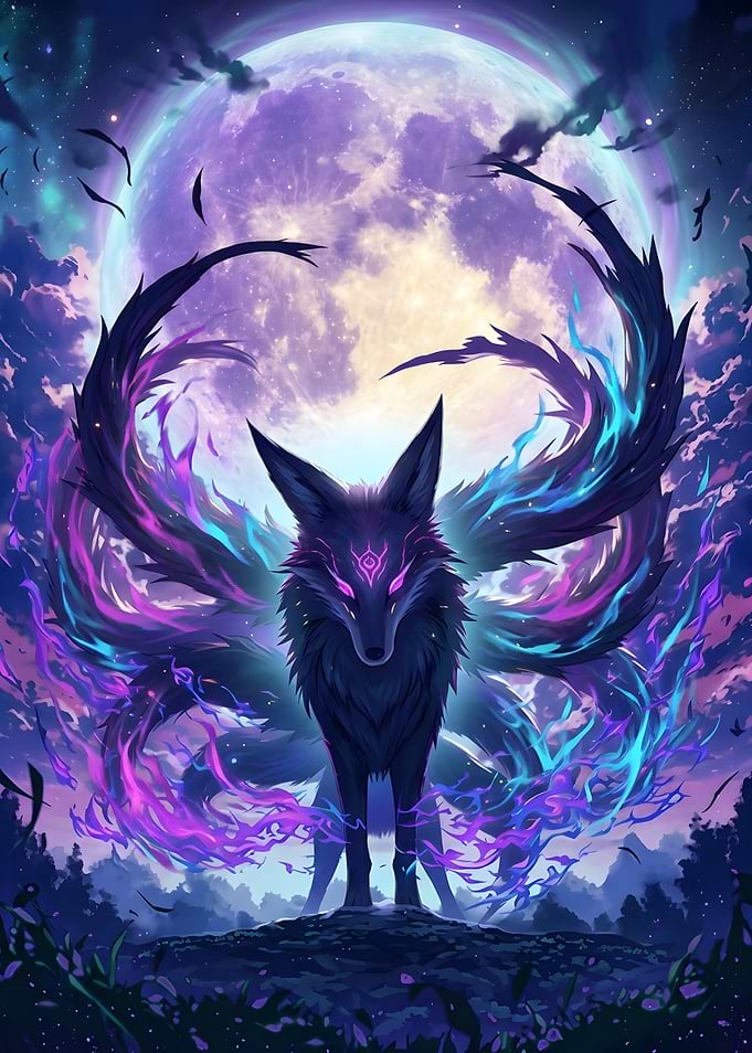 Mystical Nine-Tailed Fox Under Moon