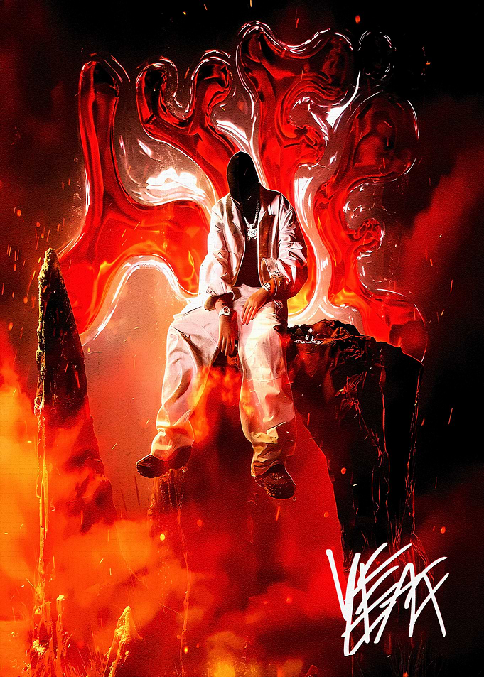Rapper in Fiery Abstract Setting