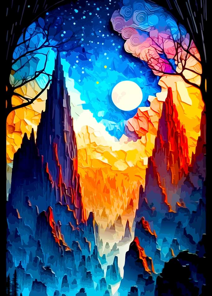 Vibrant Stained Glass Mountain Landscape