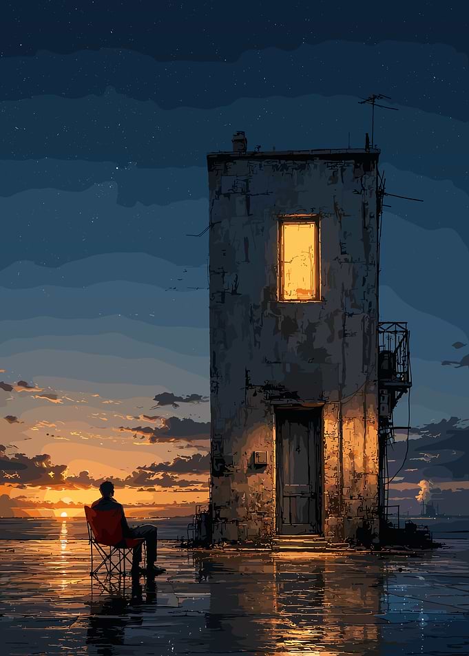 Solitary figure watching sunset by tower