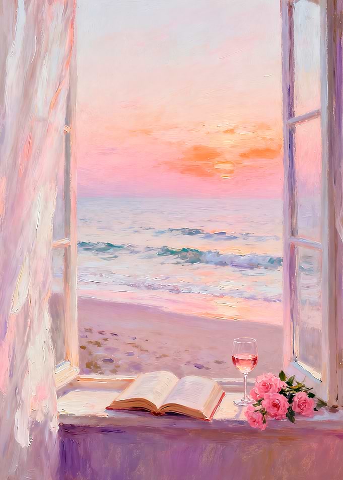 Sunset Ocean View with Book and Roses