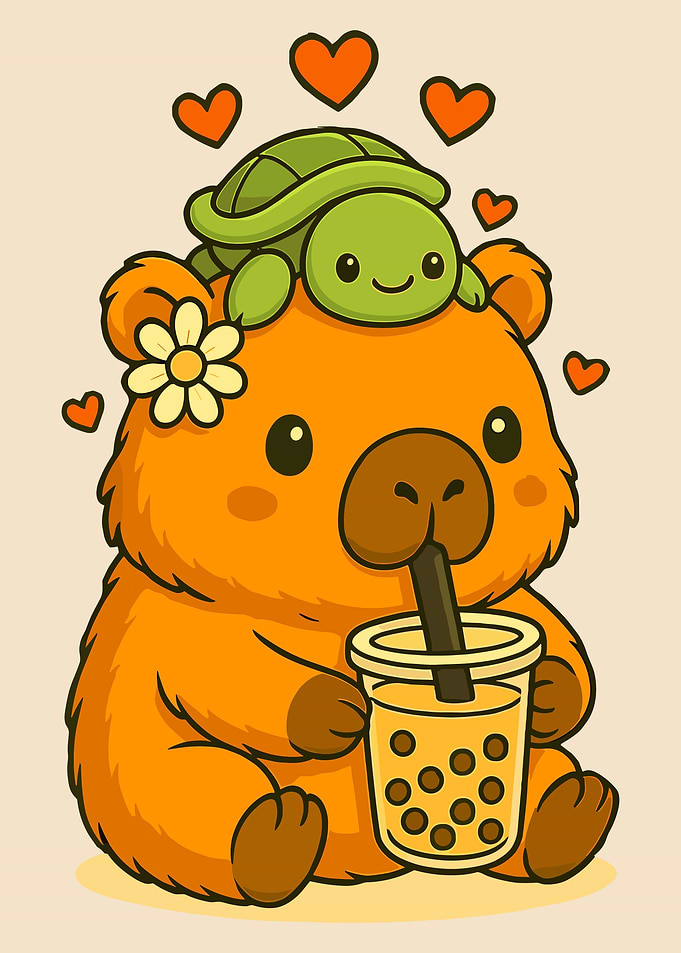 Cute Capybara with Turtle and Boba