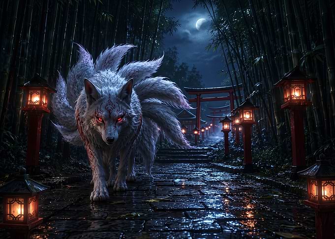 Nine-Tailed Fox in Bamboo Forest