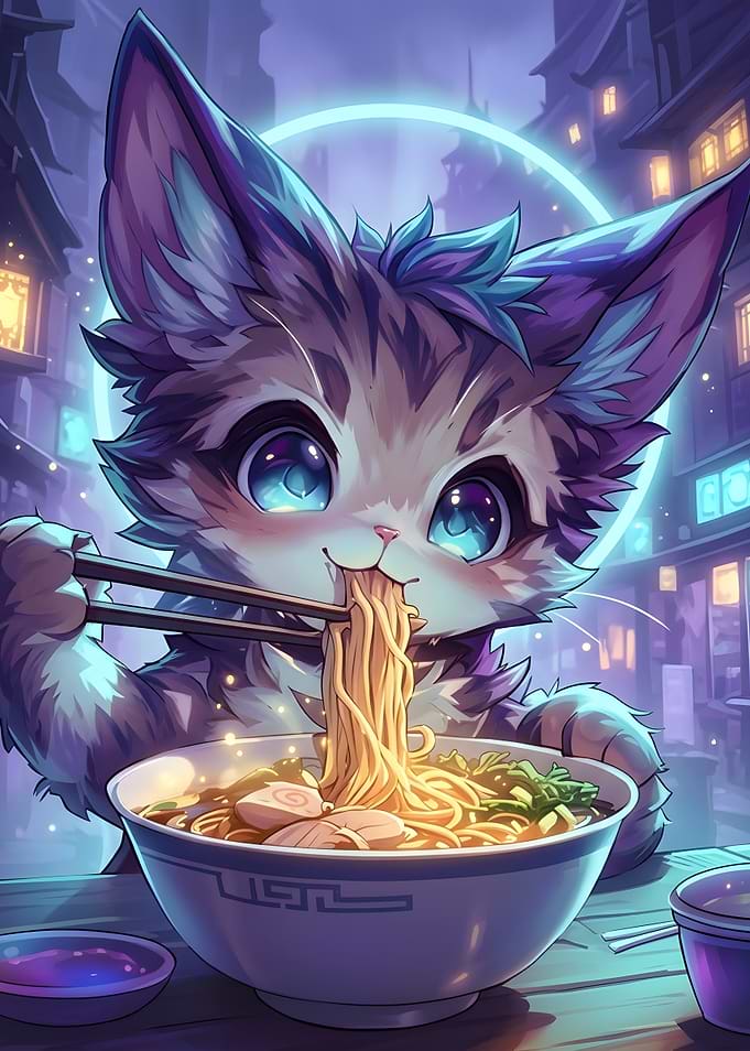 Cute Anime Cat Eating Ramen