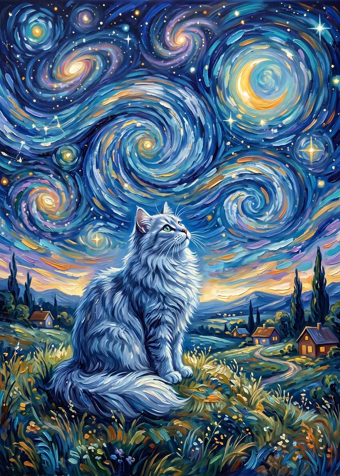Fluffy Cat Under Starry Night Sky
