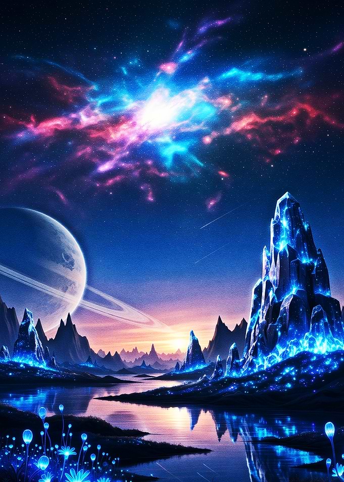 Bioluminescent Alien Landscape with Ringed Planet