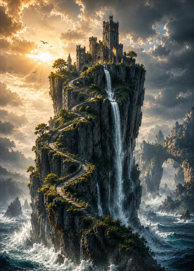 Castle on a Cliffside Waterfall