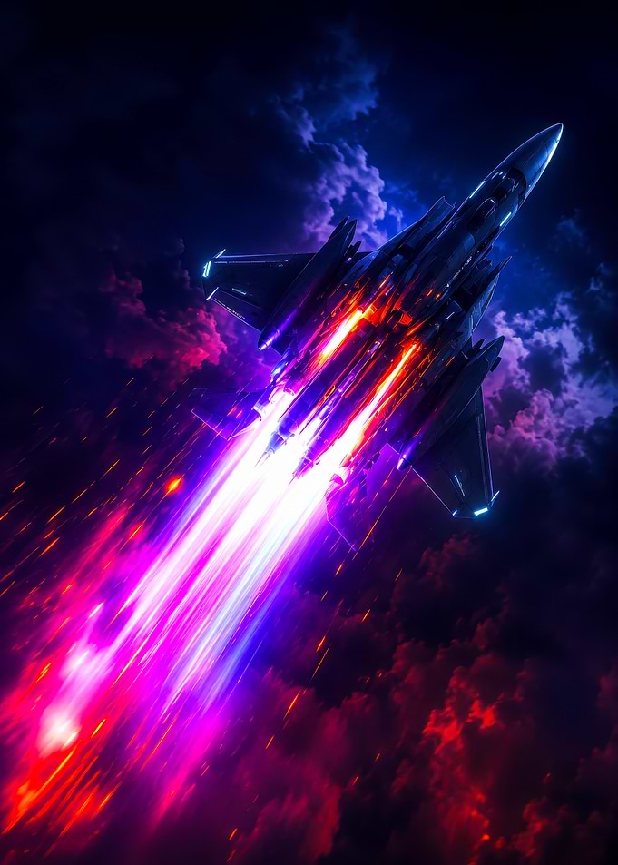 Fighter Jet Soaring Through Neon Clouds