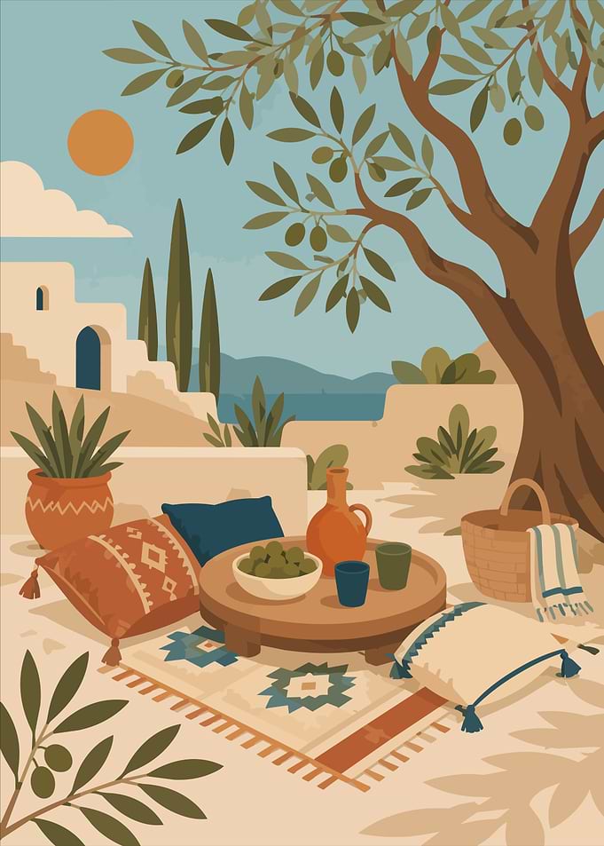 Mediterranean Terrace Picnic Illustration Art