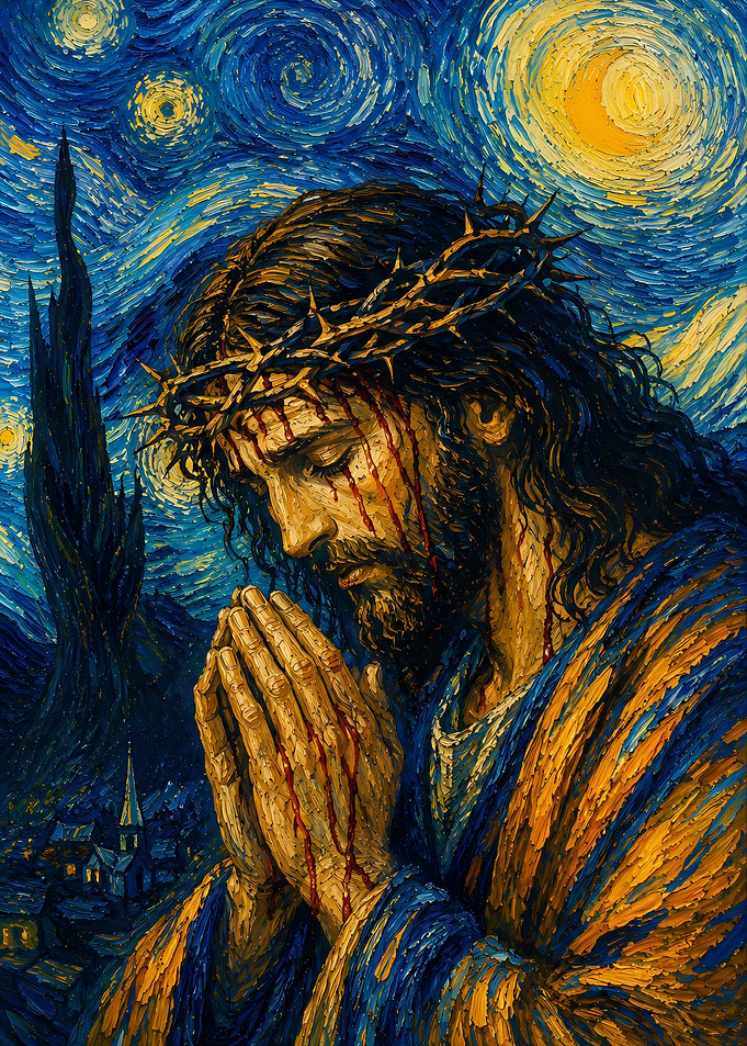 Jesus Praying in Starry Night Style