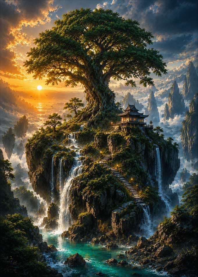 Floating Island Temple at Sunset