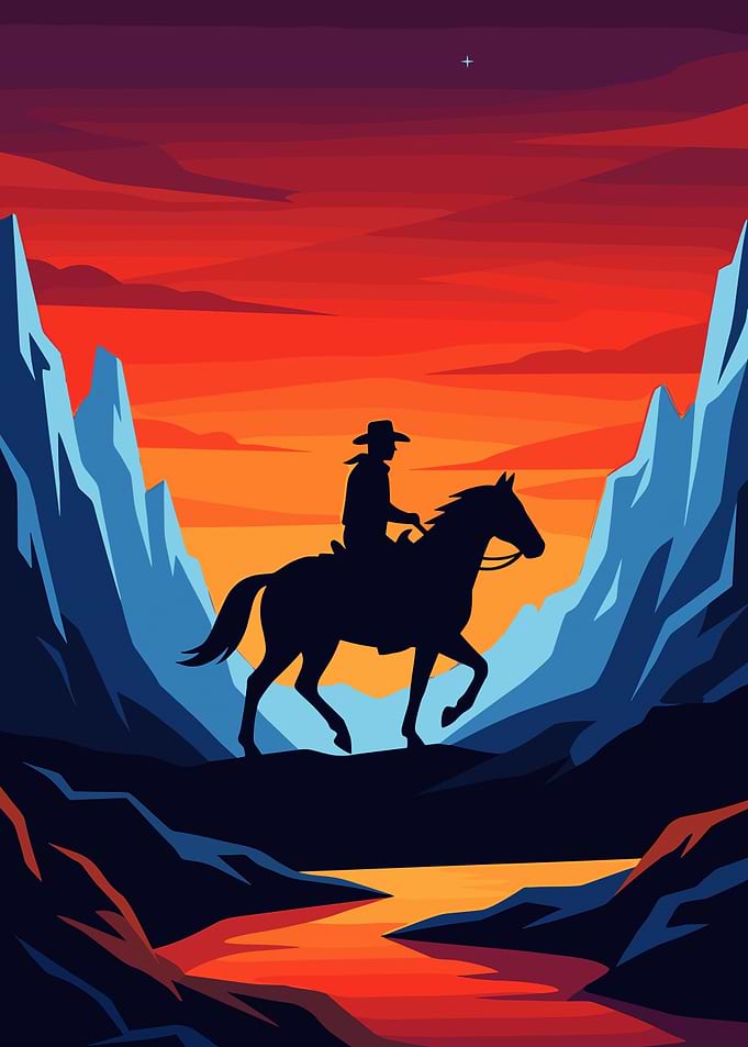 Cowboy Riding Horse at Sunset